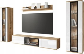Nowoczesna meblościanka do salonu – 2 witryny i szafka RTV 180, korpus Dąb Wotan mat fronty biały połysk