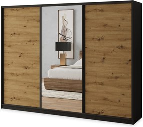 Szafa Przesuwna SORE 270 cm z Lustrem Szafa Trzydrzwiowa z Szufladami Czarna / Dąb Artisan / Czarne Profile