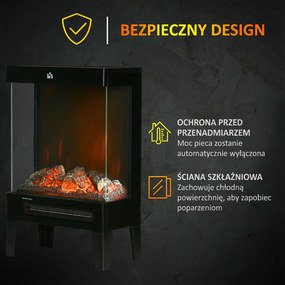 HOMCOM Elektryczny kominek, 2000 W, Wolnostojący kominek z ogrzewaniem Effekt płomieni LED 3D, 4 poziomy jasności, Elektryczny kominek z termostatem, Ochrona przed przegrzaniem, Czarny