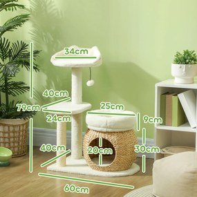 PawHut Drapak z jaskinią dla kota, piłką i platformą, trzcina/sizal, do 10 kg, 60 x 40 x 79 cm, kremowo-biały