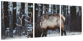 Obraz - jeleń zimą (z zegarem) (90x30 cm)