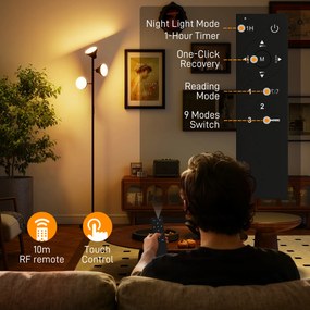 HOMCOM Lampa stojąca ściemnialna z lampką do czytania, zmiana koloru RGB, pilot, sterowanie dotykowe, 3 obrotowe głowice Czarny