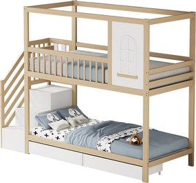 Łóżko piętrowe 2 x 90 x 200 cm z 2 szufladami + półki + schodki - drewno lite - kolor naturalny + biały
