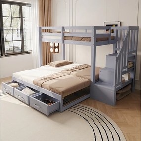 Łóżko piętrowe dla dzieci - 90 x 200 cm - z łóżkiem wysuwanym 90/180 x 190 cm + drabinka + szuflady - drewno - kolor szary