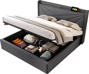 Łóżko ze schowkiem 180 x 200 cm z zagłówkiem - USB + typ C - tkanina lniana - szare