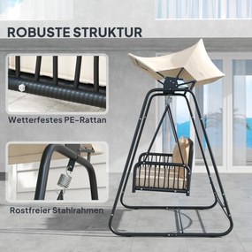 Outsunny Huśtawka Ogrodowa z Rattanu na 2 Osoby z Daszkiem, Poduszki do 240 kg 149 x 121 x 180 cm Khaki