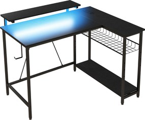 HOMCOM Biurko L-kształtne z LED, gniazdkami, USB, biurko komputerowe z półką, 107 x 80 x 90 cm, czarne | Aosom PL