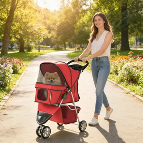PawHut Wózek dla psa składany, buggy z koszem, poduszką, oknami z siatki, uchwytem na napój dla małych psów do 10 kg, czerwony | Aosom PL