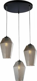 Lampa wisząca Prisma z czarnego lakierowanego żelaza, regulowane kable, klosze z lustrzanego szarego szkła dmuchanego z tłoczonym wzorem, 3 światła