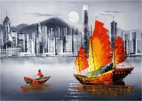 Obraz na szkle - Victoria Harbor, Hongkong, czarno-biały obraz olejny (70x50 cm)