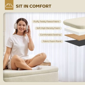 HOMCOM Ławka z miejscem do przechowywania, 65 L, materiał Teddy-Fleece, drewno kauczukowe, 120 x 42 x 45 cm, Beżowy | Aosom PL