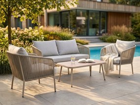 Zestaw mebli ogrodowych beżowy aluminium sofa fotele stolik sznurowanie