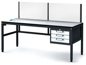 Antystatyczny stół warsztatowy ESD z panelem perforowanym, 3 skrzynki szufladowe na narzędzia, 1800 x 800 x 745-985 mm