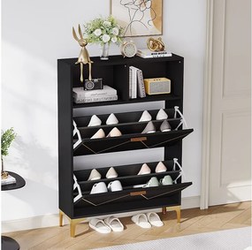 Szafka na buty z 2 dolnymi drzwiami składanymi + 2 półkami półotwartymi - 80 x 25 x 117 cm - MDF - czarna