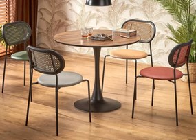 Stół Kinzly 90 cm – elegancki okrągły stół z orzechowym blatem z MDF i czarną metalową nogą do kuchni