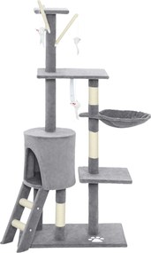 PawHut Drapak dla kota z domkiem, 4 zabawki, słupki z sizalu, duża platforma, schodek, dla kotów poniżej 5 kg, Szary