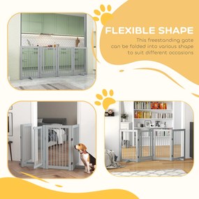 PawHut Bramka Zabezpieczająca dla Psów, Wolnostojąca, Składana, z Drzwiami i Nóżkami, Rama Drewniana, 220x36x91cm, Jasnoszary