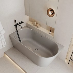 Wanna wolnostojąca narożna WALL White Glow / Matt lewa z konglomeratu biała błyszcząca/matowa 160 x 75 cm z przelewem typu SLIM : Kolor wanny - Szary połysk