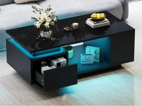 Lakierowany błyszczący stolik kawowy 100x50x36 cm - z oświetleniem LED - z 1 szufladą - z 4 przegródkami do przechowywania - Czarny