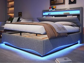 Tapicerowane łóżko z pojemnikiem 140x200 cm - z oświetleniem LED - z interfejsem USB + Type-C - z przegródkami do przechowywania - tkanina lniana - szary