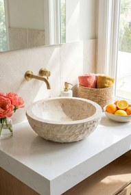 Kremowa okrągła umywalka nablatowa z kremowego marmuru F6-C91