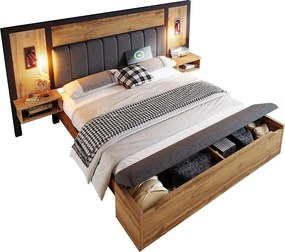 Łóżko dwuosobowe 160×200cm - z lampką do czytania + gniazdami do ładowania + ławką do przechowywania - z metalowym stelażem - Naturalne