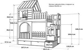 Łóżko piętrowe domek Marulla 114P z połową dachu, owalnymi oknami, płotkami i schodami
