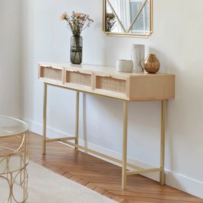 Wąska konsola boho RAYO z 3 szufladami i plecionką wiedeńską