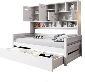 Sofa rozkładana 90x200 cm - z 2 szufladami - z kilkoma półkami - z listwowym stelażem - biały (materac nie jest w zestawie)