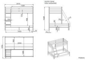 Szare piętrowe łóżko dziecięce 140x200/90x200 cm Pino – Vipack