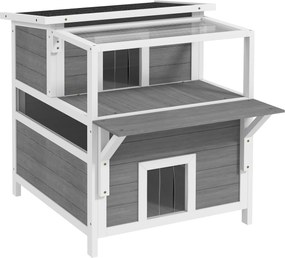 PawHut 2-poziomowa Kocia Chatka z Balkonem, Kocia Chatka Odporna na Warunki Pogodowe, Ochrona przed Deszczem i Słońcem, Do Użycia Wewnętrznego i Zewnętrznego, Jasnoszary