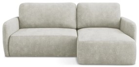 Kremowy narożnik rozkładany z tkaniny szenilowej ze schowkiem (prawostronny/z szezlongiem) Lilo – Makamii