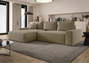NAROŻNIK MONA z funkcją spania QUELLE 18 Jasny brąz Lewy Sofa w kształcie L z pojemnikiem na pościel, sofa rozkładana, sofa do salonu