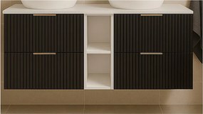 Szafka łazienkowa ryflowana FLOW 140 cm czarna z białym regałem i blatem