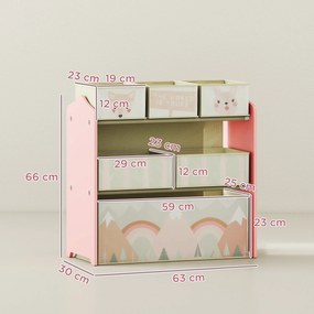 ZONEKIZ Regał dziecięcy z 6 pojemnikami tkaninowymi, uroczy design, 63×30×66 cm, różowy
