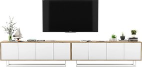 Szafka RTV z 8 drzwiami - korpus dąb wotan, fronty biały mat - 300 cm, metalowy stelaż