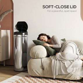 HOMCOM Kosz na śmieci 50 litrów z funkcją Soft-Close, bezdotykowy kosz ze stali nierdzewnej do higienicznych kuchni, biur, srebrny