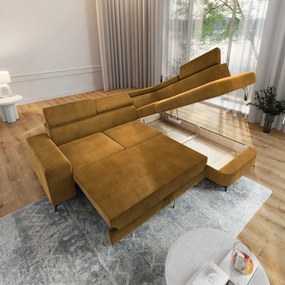Masseno Narożnik ALVORO z funkcją spania i pojemnikiem na pościel Narozniki L, Rozkładana sofa - Żółty, MONOLITH 48