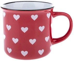 Kubek ceramiczny, czerwony w białe serduszka, 300 ml
