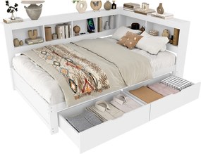 Sofa rozkładana 140x200 cm - z 2 szufladami - z gniazdkiem + 2 USB - z listwowym stelażem - biały (materac nie jest w zestawie)