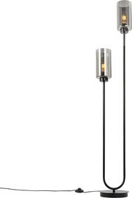 Lampa podłogowa art deco czarna z przydymionym szkłem 2-światła - Laura