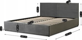 Łóżko Tapicerowane 140x200 cm MONICA ze Stelażem i Pojemnikiem Dwuosobowe Welurowe Szare