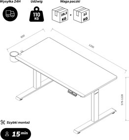 Biurko elektryczne z regulacją wysokości ergonomiczne antracytowe/dąb sonoma,1200x600 mm: ARIA