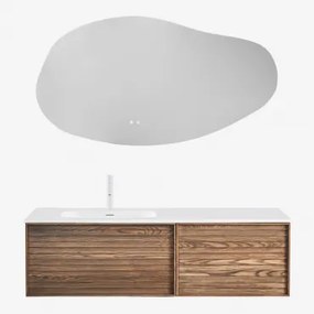 Drewniany Zestaw Mebli Łazienkowych Solea Ze Zintegrowaną Umywalką Naturalna & Nieregularna Dioda Led I Funkcja Przeciwmgielna 140 X 75 Cm - Sklum