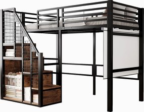 Łóżko piętrowe dla dzieci - 90 x 200 cm - rama żelazna - ze schowkiem i schodkami bezpieczeństwa - metalowe - czarne