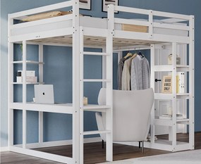 Łóżko mezzanine dziecięce 140x200cm - z drabinką - z biurkiem - z prostym wieszakiem - białe (materac nie wliczony)