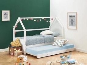 Łóżko wysuwane domek 2 szuflady 2 x 90 x 190 cm – Drewno sosnowe – Białe + Materac – HURRA