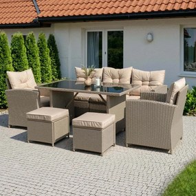 Zestaw Mebli Ogrodowych COLORADO Beżowy Sofa Pufy Stolik Tarasowy Technorattan Nowoczesny