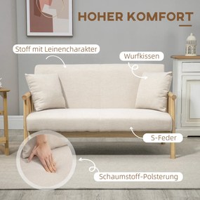 HOMCOM Sofa 2-osobowa, Tapicerka w wyglądzie lnu, Kompaktowa, do 200 kg, Rama drewniana, 123Dł x 69Szer x 74Wys cm, Beżowa
