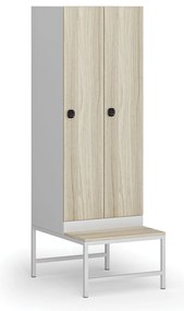 Szafka ubraniowa z ławką, 2-drzwiowa, 1875 x 600 x 500/800 mm, demontaż, zamek kodowy, drzwi laminowane, dąb naturalny